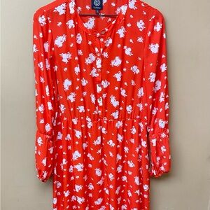 Bobeau Red White Floral Long Sleeve Dress Size L